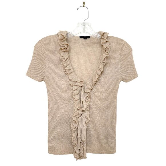 J. Crew Tan Short Sleeve Silk/Cashmere Ruffle-Front Knit Top - Picture 1 of 4